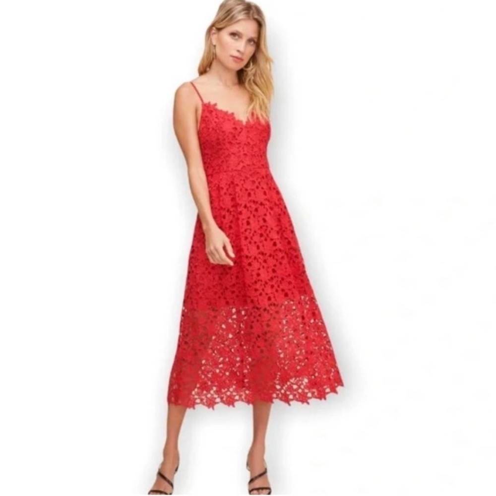 ASTR the Label Red Spaghetti Strap Lace MIDI Dress Medium Wedding Guest